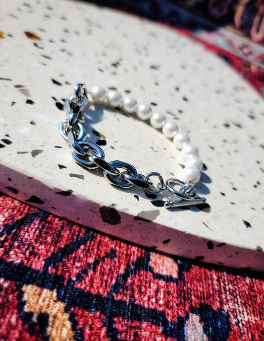 Split Stainless Steel Link/Pearl Bracelet