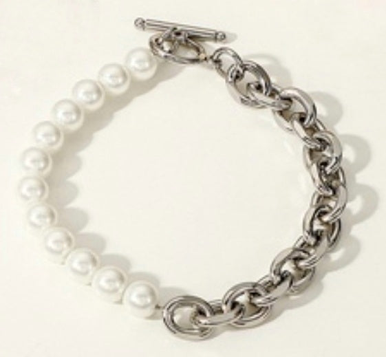 Split Stainless Steel Link/Pearl Bracelet